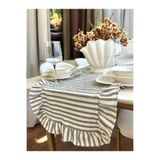 HOME ART ATELIER hand made Gri Çizgili- Fırfırlı Vintage Keten Runner - 40x110