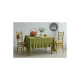 HOME ART ATELIER hand made Yeşil Fırfırlı Naturel Vintage PREMİUM Keten Masa Örtüsü / Koltuk Örtüsü - düz yeşil renkli