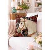 Home Beyaz At Figürlü Kilim Desenli Kırlent Kılıfı - Kırmızı Siyah Etnik Dekoratif Yastık Kılıfı