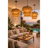Home Bohem Handmade Üç Katlı Doğal Rafya Hasır Sarkıt Avize