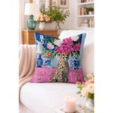 Home Çita Figürlü ve Pembe Çiçekli Kırlent Kılıfı - Mavi Beyaz Vazo Desenli Modern Dekoratif Yastık Kılıf