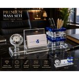 Home Dekor Hediye Premium Hediye Ofis Kristal Cam Saatli Kalemlik Kartvizitlik Yönetici Masaüstü Organizer Seti Mavi - 1 Adet - Çok Renkli