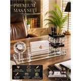 Home Dekor Hediye Premium Hediye Ofis Kristal Cam Saatli Kalemlik Kartvizitlik Yönetici Masaüstü Organizer Seti siyah - Çok Renkli