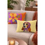 Home Gözlüklü Köpek ve Renkli Çiçek Desenli Retro Kırlent Kılıfı - 2'li Dikdörtgen Yastık Kılıfı Seti