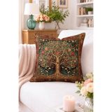 Home Hayat Ağacı ve Çiçekli Goblen Desenli Kırlent Kılıfı - Bordo Lacivert Vintage Dekoratif Yastık Kılıf