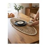 Home İnn Oval Modern Runner - 85X35 Cm Örme Model Masa Örtüsü - Naturel Beyaz Desenli Runner