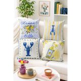Home Lemon Cello Yazılı Limon ve Istakoz Desenli 4’lü Kırlent Kılıfı Seti - Çizgili Dekoratif Yastık Kılıfı
