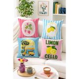 Home LIMON CELLO Yazılı Limon ve Çilek Temalı 4’lü Kırlent Kılıfı Seti - Retro Dekoratif Yastık Kılıfı