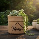 "home" Mini Jüt Saksı Kılıfı (Çap 14CM, Yükseklik 15CM) – Krem Renk Katlanabilir Kumaş Bit