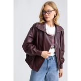 Home Store Ekose Desenli Suni Deri Bomber Ceket - XL - Bordo