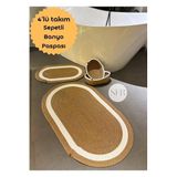 Home Turko 4'lü Jüt, Hasır Banyo Paspas Takımı, Yıkanabilir Paspas Takımı, Hediyelik Ev Eşyası, Çeyizlik Paspas Beyaz şerit