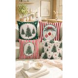 Home Yılbaşı Çam Ağacı ve Noel Süsü Desenli Kırmızı Çizgili Kış Temalı Dekoratif Yastık Kılıfı - 4'lü Kır