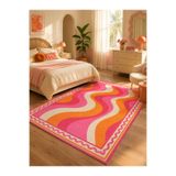 Homeilla Retro Dalga Desenli Pembe Turuncu Dekoratif Halı