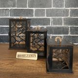 Homejamin 3'lü Mini Ahşap Dekoratif Süs Fener Seti Asimetrik Motif (Siyah)