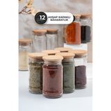 Homekolik 12’li Ahşap Kapaklı Vakumlu 320 cc Cam Baharatlık Seti – Şeffaf Baharat Kavanozu – 13x7 cm