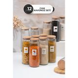 Homekolik 12'li Etiketli Contalı Ahşap Kapaklı Cam Saklama Kabı Seti – 1500 ml Sızdırmaz Saklama Kabı Seti