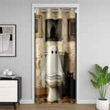 Homemissing Cadılar Bayramı Kapı Perdesi Gizlilik 106x203cm 1 Panel Karikatür Hayalet Balck Kedi ile %30 -% 50 Oda Bölücü Perde Whimsigoth Bubblebath Dolap Örtüsü Pencereli Açık Bej Kapılar