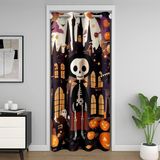 Homemissing Cadılar Bayramı Temalı Şeker Kafatası Oda Bölücü Perde 86 x 203 cm Sevimli İskelet Kafatası Kale Baskı Kapı Perdesi Gizlilik Cadılar Bayramı Partisi %30 -%50 Karartma Kapı Perdeleri