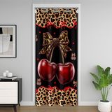 Homemissing Leopar Baskılı Fiyonklu Kapı Perdesi Kapı Perdesi Kawaii Fiyonk Yatak Odası Oturma Odası için Klozet Örtüsü Sevimli Kiraz Odası Bölücü Perde 150x203 cm Siyah Kırmızı Karartma Karartma