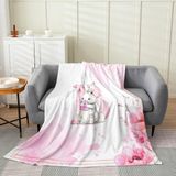 Homemissing Sevimli Tavşan Çocuk Polar Battaniye, Kraliçe 225 x 225 cm, Kişiselleştirilmiş Hediyeler Flanel Battaniye Peluş Bulanık, İlk B Harfi Yumuşak Yataklı Kanepe Sandalyesi için, Çiçekli Bitki