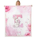 Homemissing Sevimli Tavşan Çocuk Polar Battaniye, Kraliçe 225 x 225 cm, Kişiselleştirilmiş Hediyeler Sherpa Battaniye Peluş Bulanık, İlk E Harfi Yumuşak Yataklı Kanepe Sandalyesi için, Çiçekli Bitki