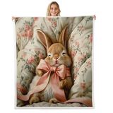 Homemissing Sevimli Tavşan Polar Battaniye Tek 50x60 inç Çocuk Fiyonk Papyon Sherpa Battaniye Peluş Bulanık Kawaii Tavşan Yatak Kanepe Sandalye Oturma Odası Mikrofiber Hafif