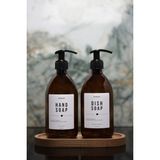 Homence Ahşap Stantlı 2’li Amber Cam Sıvı Sabun Bulaşık Deterjanı Şişesi Beyaz Etiketli Sabunluk 500ML