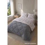 Homenup Renkli Desenli Çift Kişilik Yorgan Peluş Çift Taraflı Yastık Kılıflı (Çarşafsız) - 195 x 215 cm - Çiçekli - Gri