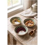 Homerest 3'lü Set Porselen 10cm Mini Kase - Yeşil Çizgili Ve Kuş Desenli Kahvaltılık Çerezlik Sunumluk Kaseler