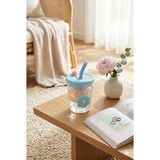 Homerest Mavi Çiçekli Silikon Kılıflı Pipetli Kapaklı Cam Bardak Soğuk Kahve Matarası 450ML