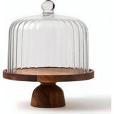 HOMES Akasya Ahşap Standlı Cam Fanus – Ayaklı Kek ve Pasta Sunum Standı, Ahşap Servis Tabağı ve Cam Kapaklı Cake Stand