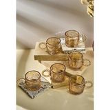 Hometarz 6'lı Cam Fincan Seti - Boncuklu Kulp Çay Bardağı Takımı - 100 ml - Taş Desenli Çay Fincanı Seti - Amber