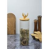 Hometarz Boynuz Desenli Cam Kavanoz - Bambu Kapaklı Borosilikat Cam Kavanoz - 33 cm - Yuvarlak - Şeffaf - 1600 ml - 1 Adet