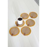 Homever Hasır Bardak Altlığı 6 Adet 13cm - Hardal Şeritli Jüt Halat Mum Altlığı Kahve Sunum Kupa Altlığı