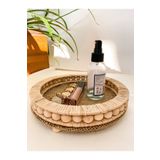 homeyandlovey Ahşap Boncuklu Hasır Doğal Rafya Tepsi, Dekoratif Tepsi, Banyo, Ev, Masa Için Dekor Tepsi 23cm Çap
