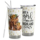HOMISBES Highland Cow Kadınlar için Hediyeler - İskoç Highland İnek Kahve Seyahat Kupası - Just A Girl Who Loves Highland Cows Cup Decor - Paslanmaz Çelik Bardak 590 ml Kapaklı ve Pipetli