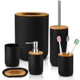 Hommtina Bambu Banyo Aksesuar Seti, 6 Adet Banyo Temel Diş Fırçası Fincanı, Diş Fırçası Tutucu, Sabunluk, Sabunluk, Tutuculu Tuvalet Fırçası, Çöp Kutusu, 3 Diş Fırçasıyla (Siyah)