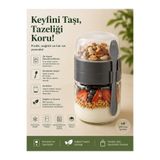 Homsen Kaşıklı Çatallı Taşınabilir Yoğurt Kabı Çift Bölmeli Granola Kuruyemiş Saklama Lunch Box Kabı 425+200ml