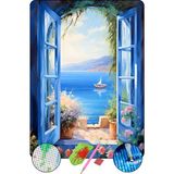HONDEP 5D Elmas Boyama Seti – Mavi Pencere ve Deniz Manzarası | 40x50 cm - Tuvale Gerili Diamond Painting Sayılarla Boyama Elmas Mozaik Tablo - Çok Renkli