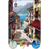 Hondep 5d Elmas Boyama Seti – taş Sokak ve Deniz Manzarası | 40X50 cm - Tuvale Gerili Diamond Painting Sayılarla Boyama Elmas Mozaik Tablo - Çok Renkli
