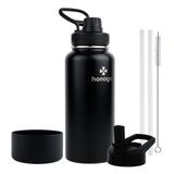 honogo 32 oz Toz Boya Çift Duvar Vakum Yalıtımlı Spor Su Şişesi, 18/8 Paslanmaz Çelik Geniş Ağızlı Termos Şişesi, Hasır Kapaklı ve Emzikli Kapaklı, Sızdırmaz, Tersiz, BPA İçermez (Siyah, 32 oz)