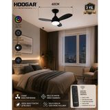 Hoogar German New Black Super Fan 60 cm Kalın Kanat Dim Ayarlı Tavan Vantilatörü Rgb LED 16 Renk Sessiz Sinek Kovar - Siyah