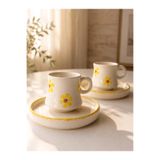 Hopce Flora El Yapımı Sarı Çiçek Desenli ,4 Parça,2Kişilik Kahve Fincan Takımı 90Ml