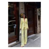 HOPE AND ME Açık Sarı Kuşak Detaylı Düğmeli Blazer Ceket Palazzo Pantolon Takım