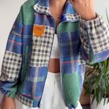 Hopeful Design Kadın Ekose Desenli Fermuarlı Oversize Mont - Mavi
