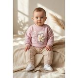 Hoppa Flora Bloom 3D Papatya Detaylı Pudra Gül Kurusu Sweatshirt ve Fitilli Bej Pantolon Bebek Alt Üst Ta - 12 - 18 Ay