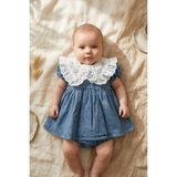 Hoppa Kız Bebek Mavi Çiçek Nakışlı Brode Yakalı Denim Elbise ve Bloomers Takımı - Vintage Tarz Jean Bebek