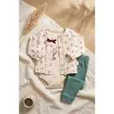 Hoppa Lila Flora Kız Bebek 3'lü Kombin Set - Çiçek Desenli Fırfırlı Hırka, Grafik Baskılı Body ve Adaçayı - Yeşil