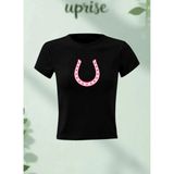 Horseshoe At Nalı Şans Baskılı Pamuklu Likralı Body Tee Crop T-Shirt - Siyah - XL