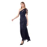 HOX'S Helen | Payetli Tek Omuz Maxi Balık Abiye Elbise Asimetrik Yaka Cut Out Göğüs Dekolteli (Lacivert, 44)